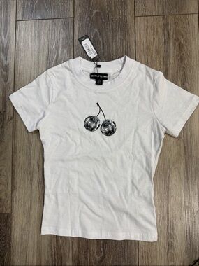 PrettyLittleThing White Tee with Silver Sequin Cherry